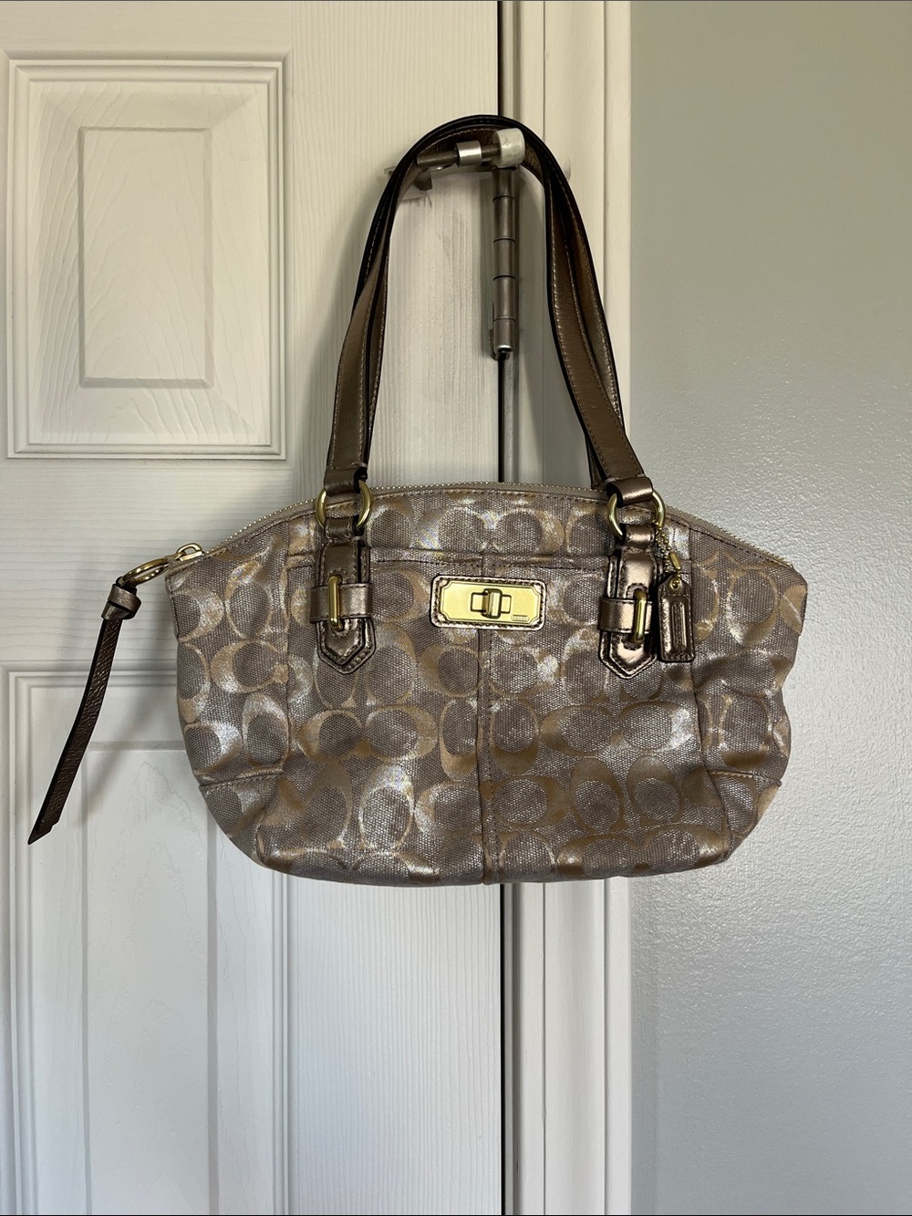 Coach Metallic Signature jacquard Shoulder Bag in Taupe and Gold